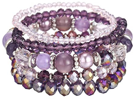 FULU AUTUMN Damen Kristall Perlen Armband Mehrschichtiges Steine Armband Boho Modeschmuck Beste Freundin Geschenke(21-Purple)