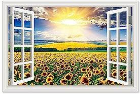 DHAEY Quadri Moderni Con Finestra. Quadro Con Finestra Campo di girasole all'alba Dipinto di Decorazione Moderna per Soggiorno Camera da Letto 30x50cm Senza cornice