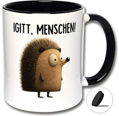 Lustige Tasse mit Deckel und Igel-Motiv IGITT, MENSCHEN! Kaffeetasse, Teetasse, Keramiktasse für Arbeit und Büro (A: Schwarz-Weiße Tasse inkl. schwarzem Tassendeckel)