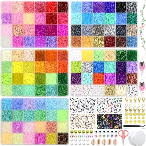 114 Couleurs 29300 Pièces Perles de Rocaille 3mm, Coffret pour Bijoux Adulte, Boite avec 500 Perles Lettres, Lot de Verre pour Bracelet