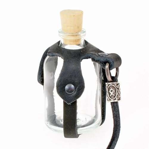 mankitoys Trankflasche Rune mit Leder-Halterung Schwarz - 50 ml Glasflasche Flasche Feldflasche Trinkflasche LARP Mittelalter Wikinger Lager Cosplay Camping (Schwarz)