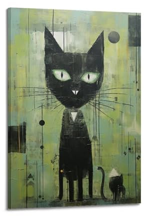 GELS Comic-Tierkunst-Poster, schwarze Katze mit großem Kopf, dekoratives Gemälde, Leinwand-Kunstbild, 30 x 45 cm