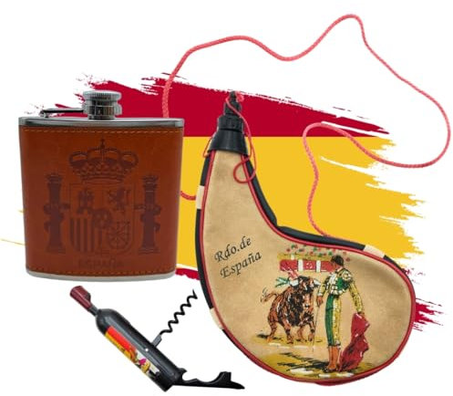 Bota de Vino 1,5 litros, Petaca deEspaña y abridor 2 en 1: Sacacorchos y Abrebotellas con Imán (Pack bota, petaca, abridor España)