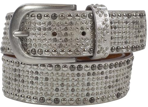 Damengürtel mit Nieten, Strass-Nieten-Besatz, Synthetikgürtel im Vintage-Style, Breite ca. 3,8 cm (Solar-Silber; BW100cm - Gesamtlänge 115cm)