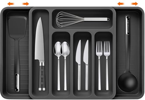 BGIUSQF Range Couverts pour Tiroir, Extensible Range Couvert, Organisateur Tiroir Cuisine, Rangement Couverts Tiroir Cuisine avec 7 Compartiments pour Couverts, Cuillères, Fourchettes, Couteaux