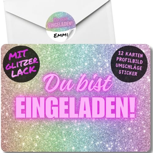 12x Glitzer Party Einladungskarten - Für den Kindergeburtstag von Mädchen - coole Glitzer Geburtstagseinladungen +12 Umschläge +12 Sticker