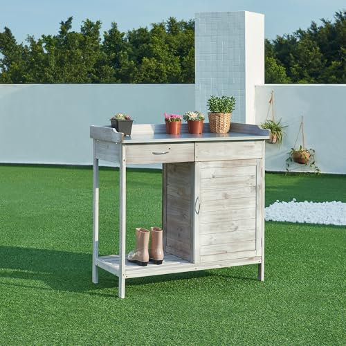 casa.pro Banco di Lavoro per Giardinaggio con Cassetto e Armadietto Ripiani Piano Tavolo di Lavoro da Giardino Orto in Legno di Abete - Grigio