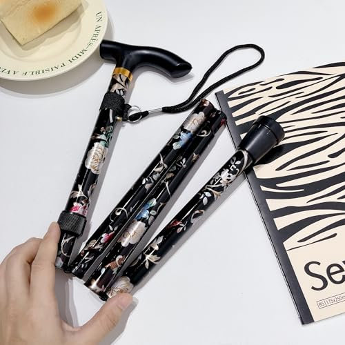 Canne de marche pliable réglable en hauteur en aluminium avec motif floral fantaisie, durable, télescopique, légère, cinq sections, randonnée de fond, extérieur, portable, personnes âgées (impression