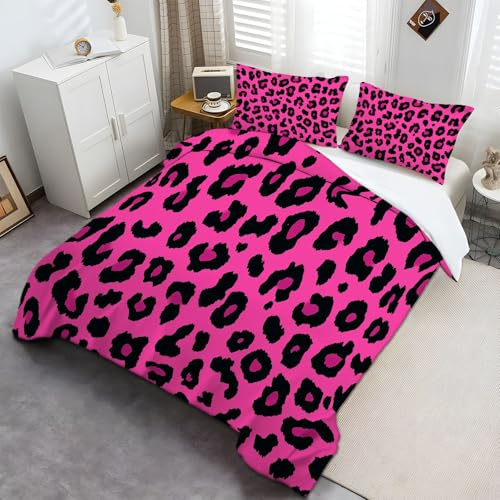 Abbildung Leopardenmuster Drucken Bettwäsche 3-teiliges Set Pink Schwarz, 135 × 200 cm Mikrofaser Bettbezug moderner Druckweich und kuschelig Mikrofaser Bettbezug 1 Stück und 2 Kissenbezug