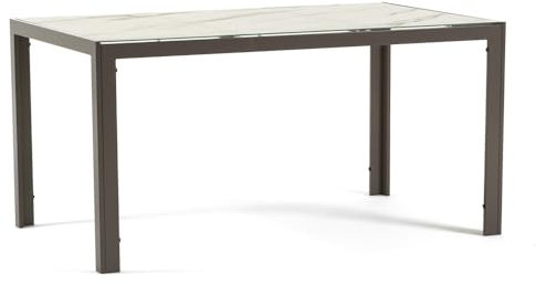 Milo Table rectangulaire 150 x 90 cm, pour intérieur et extérieur, en aluminium laqué, verre décoré, adaptable pour cuisine, salle à manger, terrasse, jardin, pour 6 personnes, marbre blanc, pieds