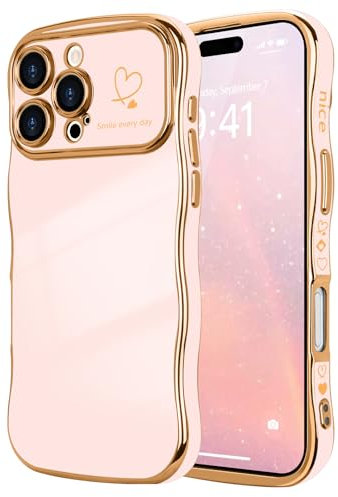 LCHULLE for iPhone 16 Pro Max Case for Women Girls,Cute Curly Wave Frame Shape Love Heart Pattern Phone Case,Raised Camera Protection Plating Shockproof Cover for iPhone 16 Pro Max 6.9,Nude Pink