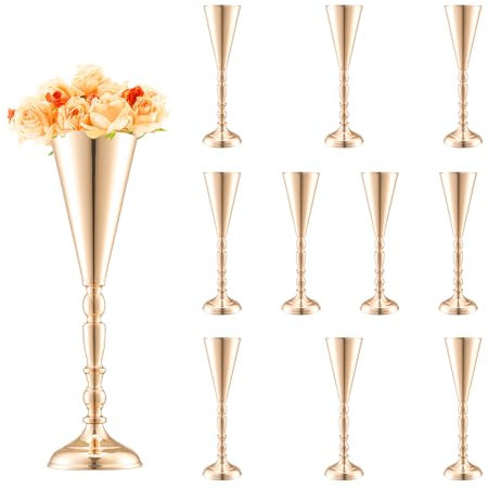 VEVOR 10 Stück 43 cm hohe Blumenvase für Hochzeiten, Metall-Trompeten-Mittelstück, Goldener Blumenständer für Tische bei Hochzeitsessen, Partys, Jubiläen, Zeremonien, Geburtstage, Eventdekoration