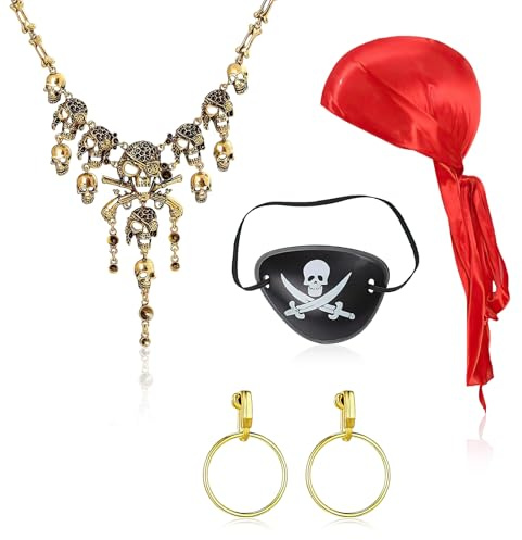Augesak 4 Stück Piraten Accessoires Damen, Piraten Kostüm Zubehör Set, Vintage Piratenkostüm Damen Accessoires, Pirat Kopftuch, Augenklappe Pirat Halskette, Dress Up Set für Karneval Halloween