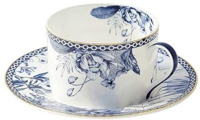 fanquare Blue and White Cup and Saucer Set for 1, 200ml Rose Floral Porcelain Coffee Cup and Plate Set with Gold Trim, British Vintage Tea Cup for Afternoon Tea Party