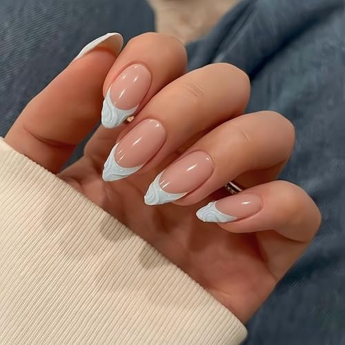 Baby Blue French Tip False Nails Short Almond Press on Nails Nude Glossy Fake Nails with 3D Sculpting Design Artificial Acrylic Stick on Nails for Women Manicure 24 Pcs