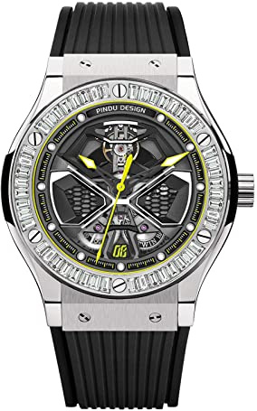 PINDU Automatikuhren für Herren, Skelett-Uhren für Herren, analoge Tourbillon-Uhr, Sternenhimmel-Zifferblatt, 12 Stunden, kleines Zifferblatt, Mondphase, mechanische Uhr, blaues Lederarmband (6552