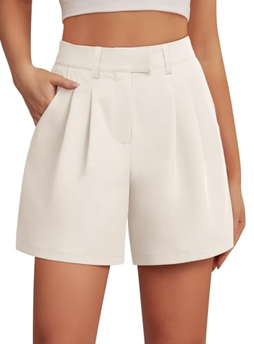 Ninee Damen Casual Elastische Taille Weites Bein Anzug Tailored Shorts Sommer Dressy Arbeit Hose Shorts mit Taschen(Beige,Large)