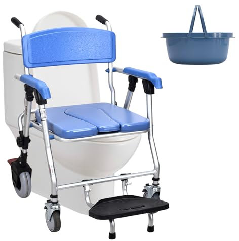 Duschstuhl Toilettenstuhl mit Rollen für Senioren | Fahrbar Klappbar Duschrollstuhl Toilettenrollstuhl mit Armlehne Rückenlehne, Maximale Tragfähigkeit von 150kg (Blau 1)