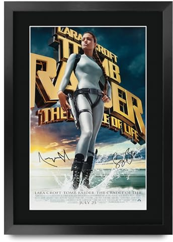 HWC Trading Lara Croft Tomb Raider 2 The Cradle of Life Angelina Jolie Geschenke Geduckter Poster Signiertes Autogramm Foto für Fans von Film Memorabilien - A3 Gerahmt