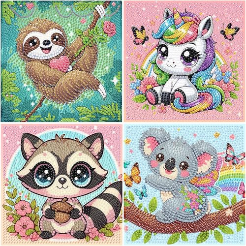 4er Set Diamond Painting Kinder Tiere, Faultier Koala Einhorn Waschbär Diamant Painting Bilder Kinder, Tiere Diamond Art for kids ab 4 6 8 10 12 Jahren(15x15cm)