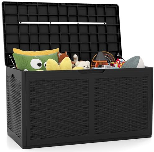 TANGZON 380L Outdoor Deck Box, Waterproof Patio Storage Container with Wheels, Lockable Lid & Side Handles, Large Resin Storage Box For Pillows Cushions Tools (Black)