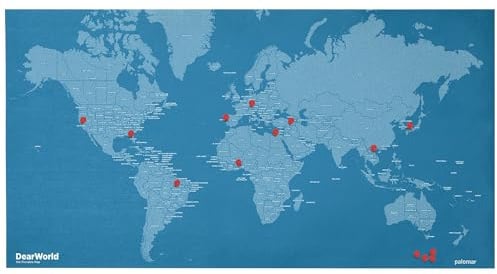 Dear World - Mappa del mondo su feltro con spilli, mappa del mondo con nomi di paesi e città, diario, per ufficio o casa (per paese, verde acqua, grande)