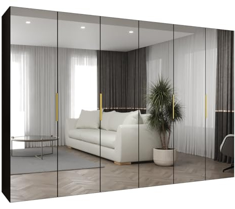 MEBLE KRYSPOL - Kleiderschrank mit Spiegel - Drehtürenschrank - Schrank 300x202x52cm - Garderobenschrank Schlafzimmer, Flur, Jugendzimmer - Farbe Schwarz, Griff Gold - Marbella 3 300