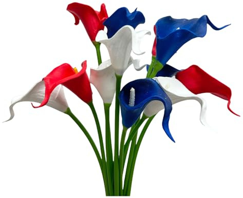 12pcs Calla Lily Flowers Artificial,Single PU Real Touch Red, White & Blue | 13 Small Flower Bouquet Accessorie,Calla Lily Bridal Wedding Bouquet for Greenery Plants Indoor Outside Garland Office Decor