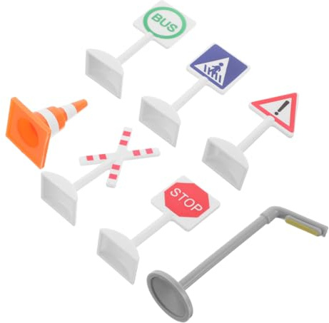 JUMPLAWN 7pcs Mini Traffic Signs Playset for Kids Educational Road Signs Stoplight Car Accessories Toy for Boys and Girls for Playtime Imaginative Scenarios