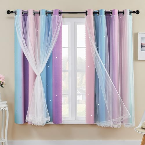 XiDi Violette Vorhänge für Schlafzimmer, Mädchenzimmer, Kindervorhang, blaue Vorhänge, Raumwanddekoration, 114,3 cm lang, Verdunkelungsvorhang, 2 Paneele