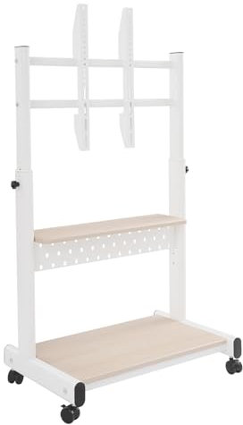 Support TV sur roulettes pour téléviseur de 43 à 86 pouces - Hauteur réglable de 108,5 à 128,5 cm - Charge maximale : 100 kg - Avec compartiment de rangement - Couleur bois (blanc)