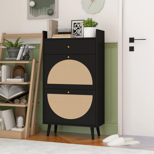 OLIVIBED Schuhschrank Rattan mit Schubladen, Schuhkommode mit Goldenen Griffen, Schuhkipper Schmal, Schrank Schuhe für Flur, Eingangsbereiche und Wohnzimmer, 60x24x110 cm, Schwarz