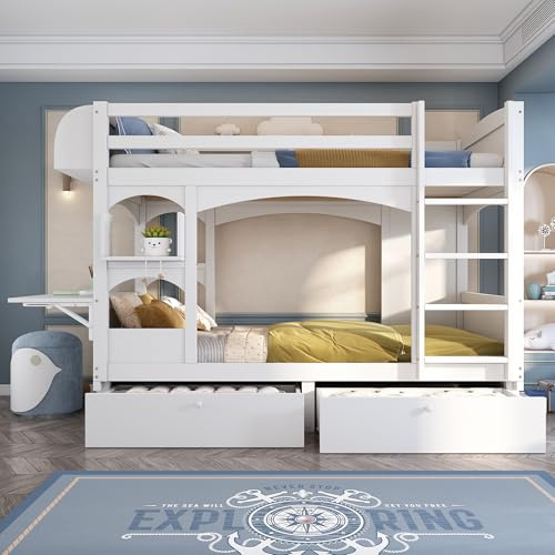 Arhatreya Etagenbett 90x200 cm, Kinderbett mit Klappbarem Schreibtisch, Holzbett mit Regal, Bettgestell mit 2 Schubladen, Bett für Kinder Schlafzimmer (Ohne Matratze) Weiß