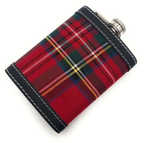 Royal Stewart Tartan Hip Flask, Red Plaid Pattern, Stainless Steel with Leather Trim, 8 oz Capacity
