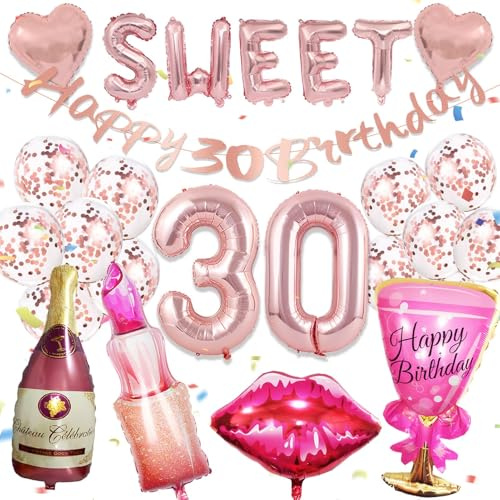21 Stück 30. Geburtstag Deko Roségold, Sweet 30 Deko | DEko 30 GeBurtstag Frau, Luftballon 30. Geburtstag Rosegold, Liebesherz, Lippenstiftballon, Sweet 30. GEburtstag Frauen