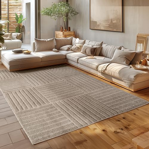 HomebyHome Wohnzimmer Teppich 160x230 cm Beige Hochflor Skandi Boho Karo Design Hoch-Tief Effekt Weicher Shaggy Langflor Flauschig Robust Pflegeleicht Modern für couchtisch