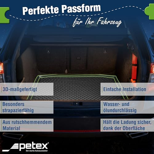 PETEX 3D Kofferraum Schalenmatte Passform für Skoda Kodiaq ab 03/2017-05/2024 5-Sitzer Ladeboden unten (ohne Varioboden) / Ladeboden Oben (mit Varioboden), Kofferraumwanne in schwarz