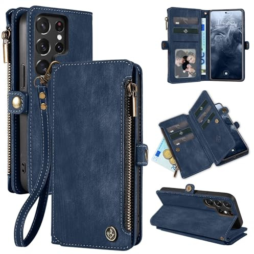 LBH Handy Hülle für Samsung Galaxy S23 Ultra Klapphülle RFID Schutz Wallet Geldbeutel Geldbörse Cover Case Flipcase Kartenfächer Geldfach Münzfach Blau