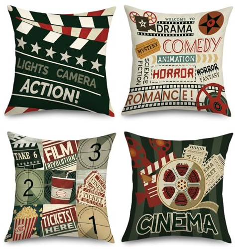 Joymaison Kissenbezüge 45x45 4er Set Vintage Kino Film Theater Popcorn | Deko Kissenhülle Retro Poster Thema Weiche für Kinoliebhaber Heimkino Dekorative Kissenbezug Kissen für Couch Sofa