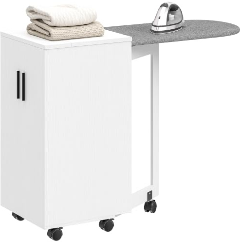 HOMCOM Mobile Asse da Stiro 2 in 1 con Ruote di Freno 128x43x83 cm Bianco | Mobile da Stiro Multiuso, Ripiano Regolabile, Chiusura Soft Close, per Lavanderia, Bagno