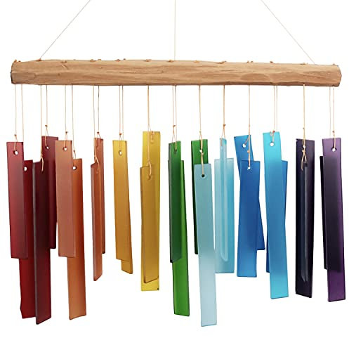 Blaues Handworks-Farbspektrum-Windspiel aus Glas und Treibholz, sandgestrahltes Glas und Fundholz, handgefertigt