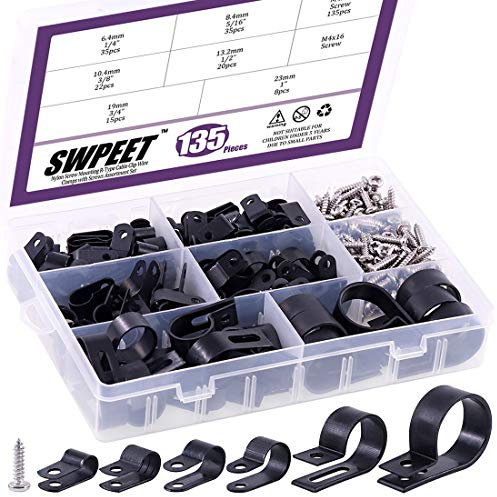 Swpeet 135 pezzi 6 misure nero nylon plastica R-Type cavo clip assortito kit 1/4 5/16 3/8 1/2 3/4 1 nylon vite fissaggio cavo clip con 135 pezzi viti per la gestione dei cavi