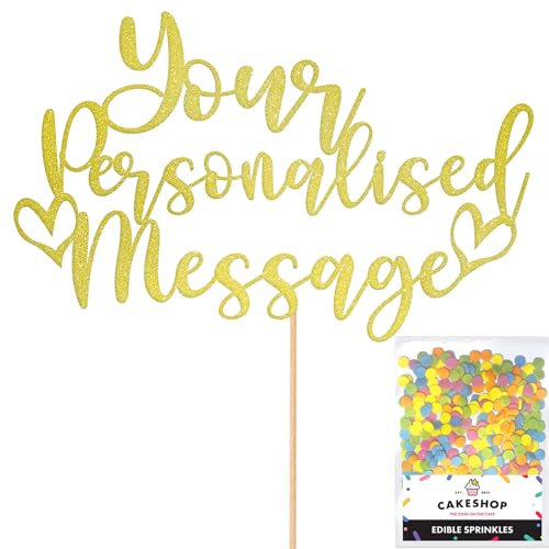 Any Text Personalised Glitter Cake Topper - Champagne Name, Age, Words Glitter Cake Decoration and Sprinkles - Happy Birthday Decorations - Personalised Toppers for Cakes by Cakeshop