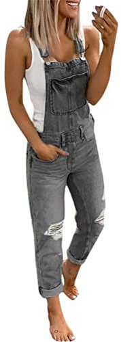 Onsoyours Salopette Donna Jeans retrò in Denim Lunga Regolabile Cinturino Senza Maniche Tute Baggy Pantaloni Dungarees Overall Jumpsuit con Tasche E Grigio L