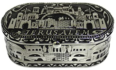 Jerusalem-Kerzenständer, jüdischer Shabbat-Reise-Kerzenhalter, Nickel, Reisegröße, Kerzenständer in einer Box mit Deckel, 4,1 x 8,9 cm, Jerusalem