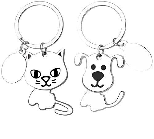 JewelryWe Schmuck Paare Schlüsselanhänger Edelstahl Katze Hund Kätzchen Welpe Pärchen Schlüsselbund Partner Schlüsselring Gravur Freundschafts Geschenk für Herren Damen Silber