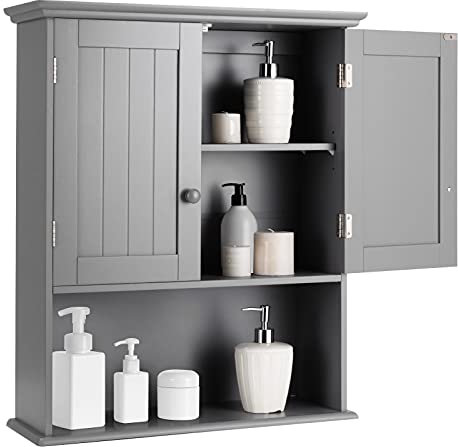 Multigot Wooden Bathroom Cabinet, Wall-Mounted Storage Cabinet with Adjustable Shelf and Compartment, Modern Toilet Cupboard Storage Unit for Kitchen Living Room Corridor (Grey, with Wooden Handles)
