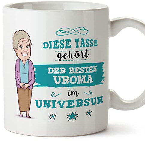 Mugffins Tassen/Becher mit Spruch für URGROßMUTTER/UROMA - Auf Deutsch - Beste Familie im Universum - 11 oz / 330 ml - originelles und lustiges Geschenk