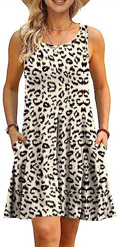 AUSELILY Boho Kleid Damen Kurz Urlaub Midi Ärmellos Swing Sommerkleid Mit Taschen Leopard,XL