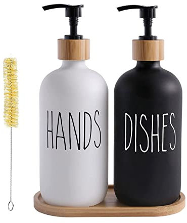 Juego de Dispensador de Jabon Cocina,400ml Dosificador Jabon Baño de Vidrio con Bomba,Dispensador de Jabón de Manos Líquido Reutilizable Botella del Hogar para Baño,Dispensador de Cerámica (Gris)